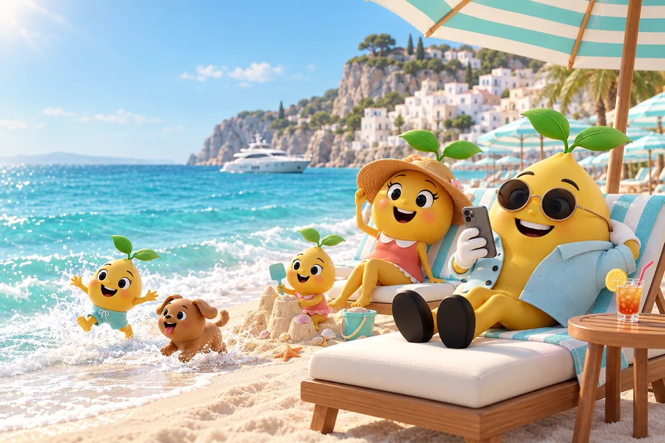 Mr. Mustard in sunglasses on a beach lounger, phone in hand, while Mrs. Mustard and the seed kids play by the water